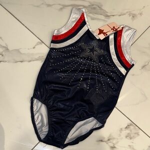 Red, navy and silver gymnastics outfit